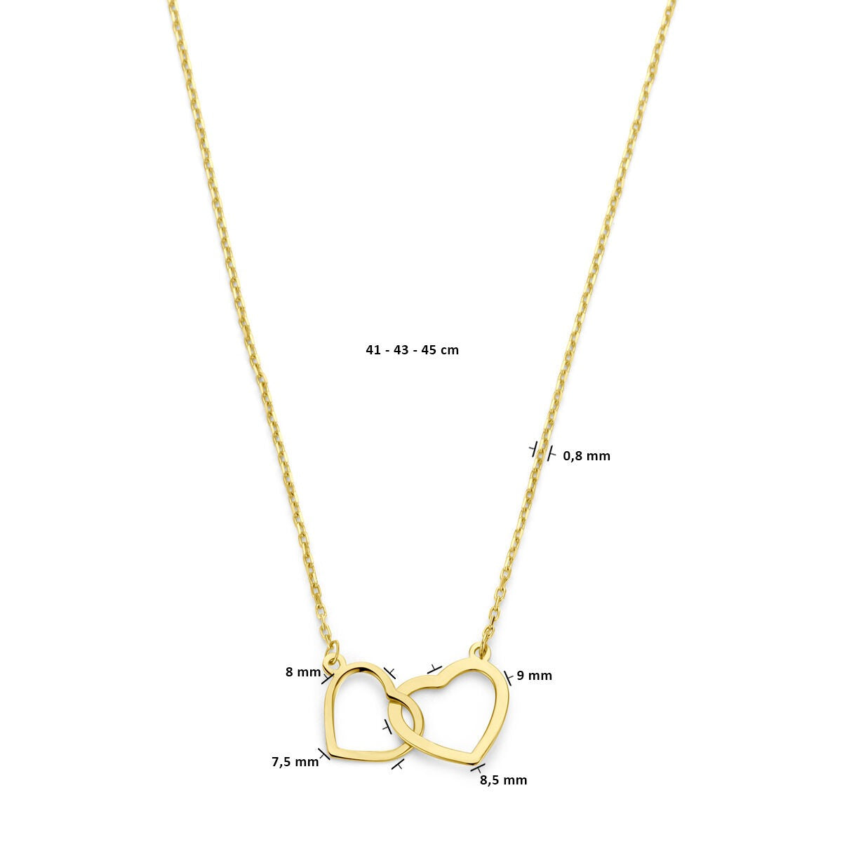 Collar de mujer en oro de 14k con dos corazones – 45 cm