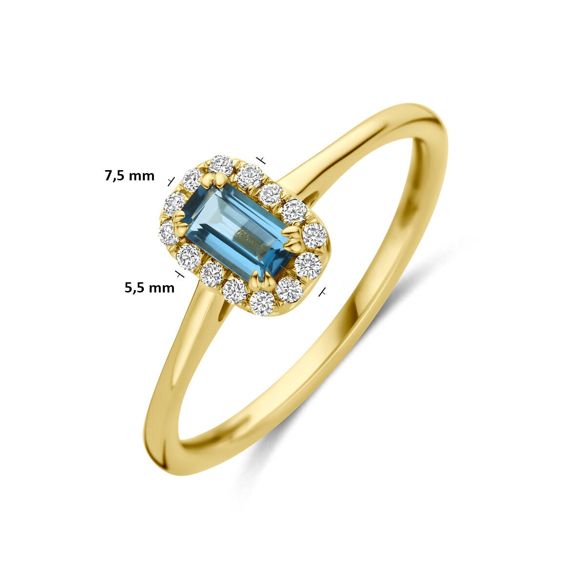 Anillo de oro amarillo de 14k con topacio London blue y diamante cultivado en laboratorio
