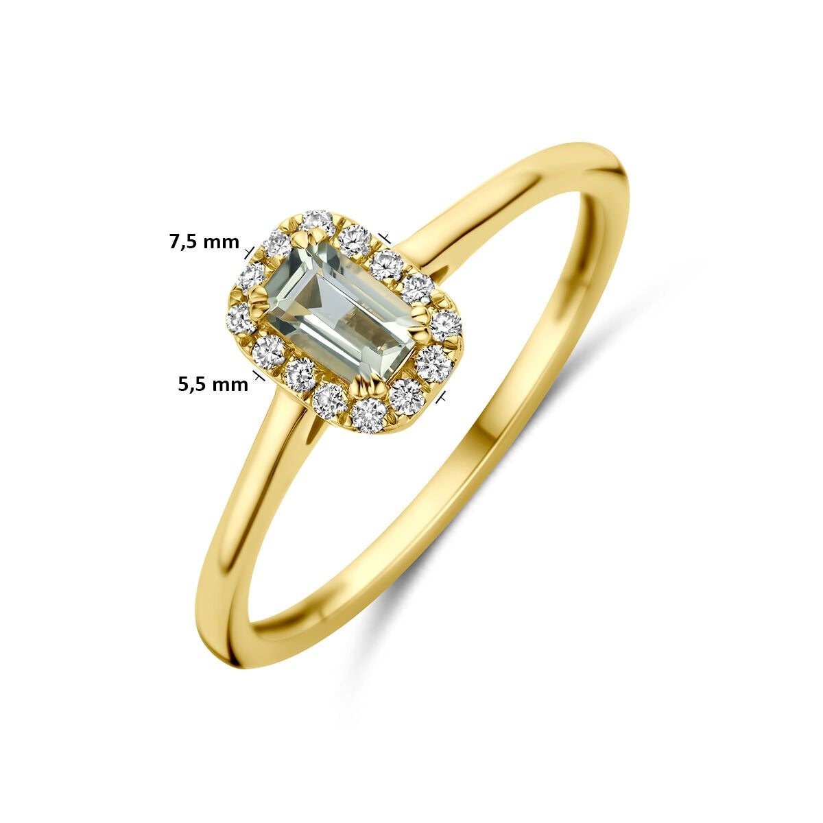 anillo de entourage de oro amarillo de 14k con amatista verde y diamante cultivado en laboratorio