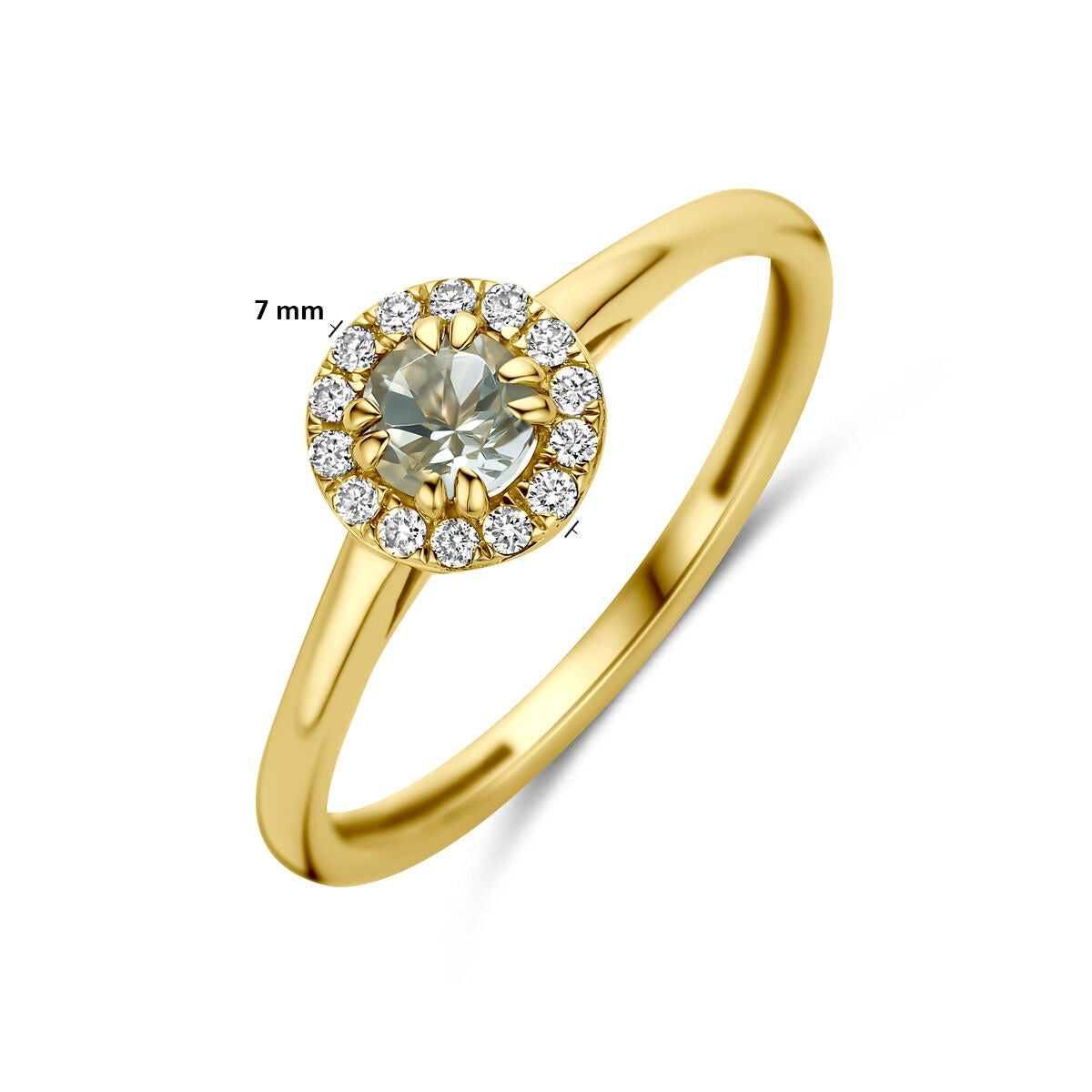 Anillo de oro amarillo de 14k con amatista verde y diamante cultivado en laboratorio