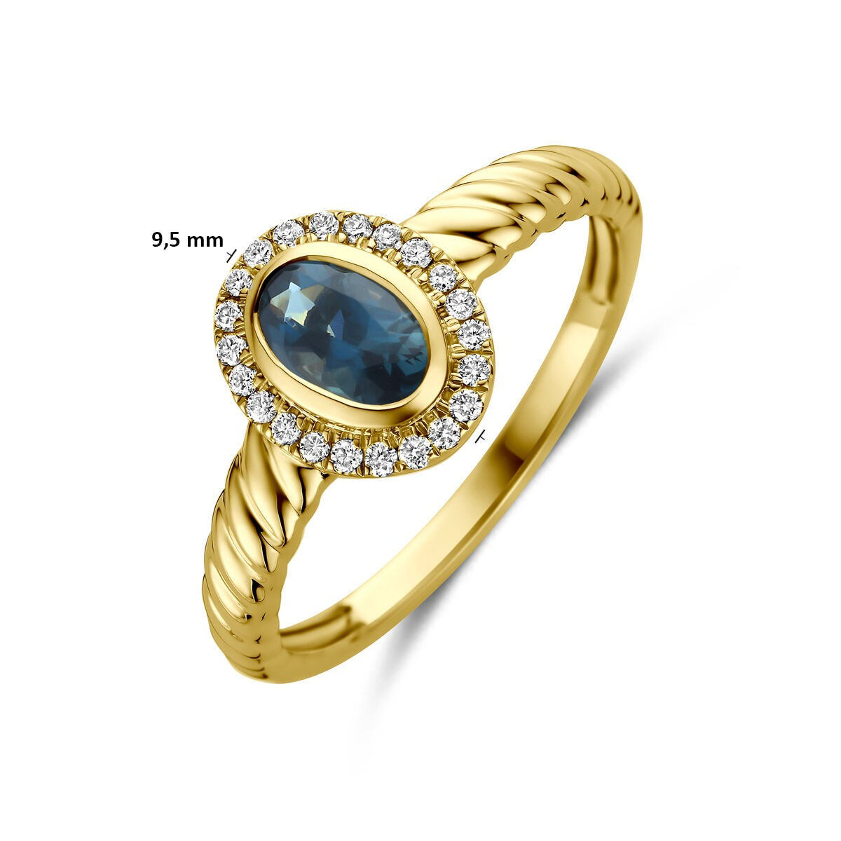 Anillo de oro amarillo de 14k con topacio azul de Londres y diamante cultivado en laboratorio