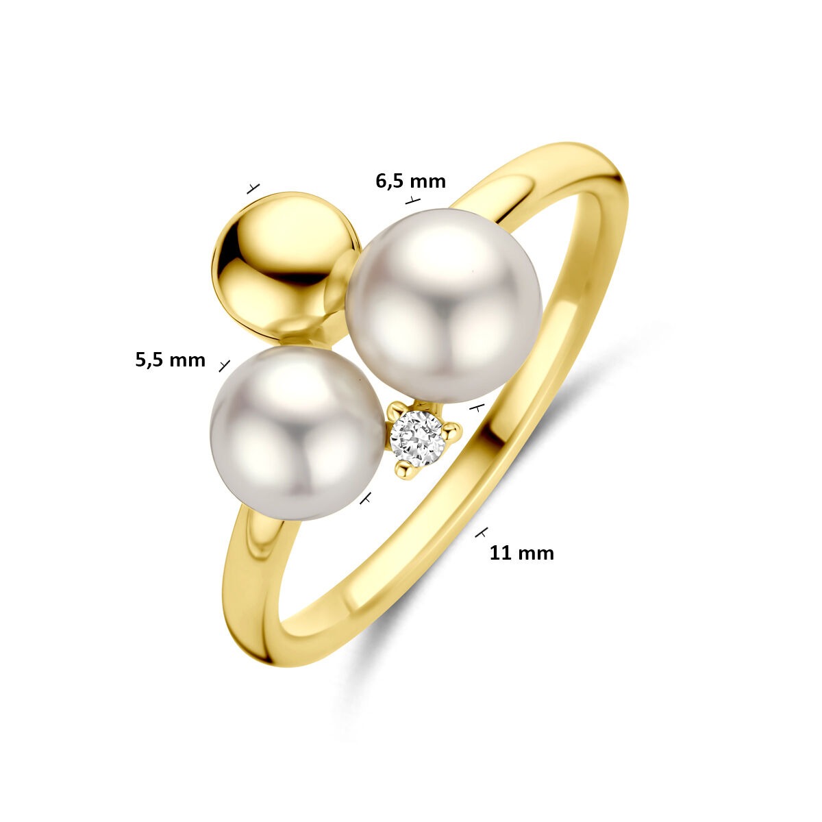 Anillo de mujer de oro amarillo de 14k con perla y diamante – 11 mm de ancho