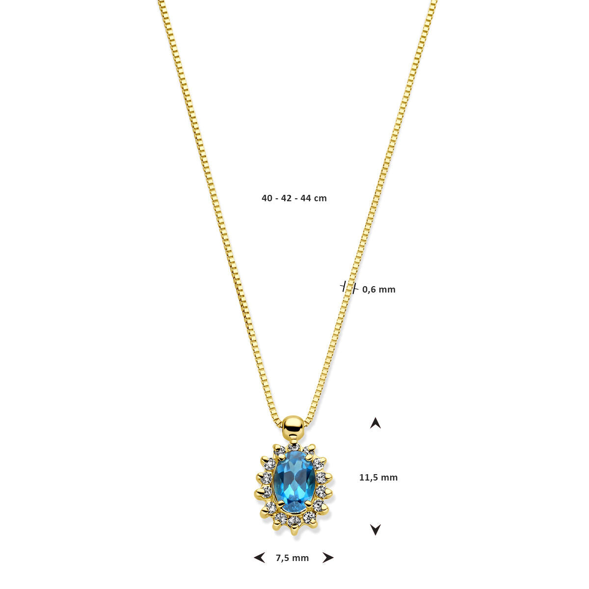 collar de oro amarillo de 14k con topacio London Blue y diamante