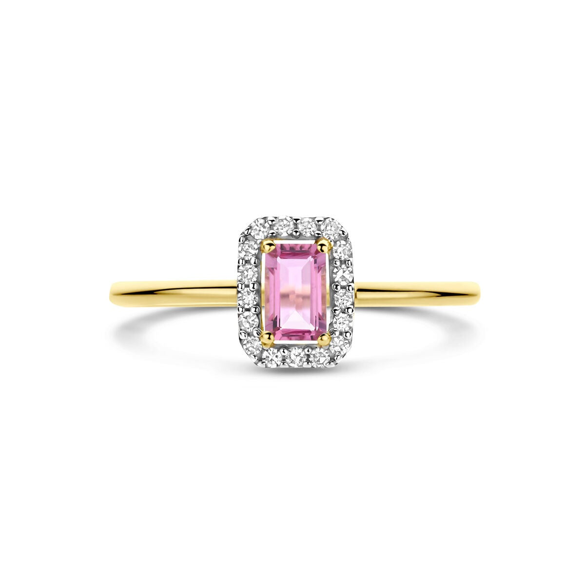 Anillo de mujer en oro amarillo con turmalina rosa y diamante – 14k oro amarillo