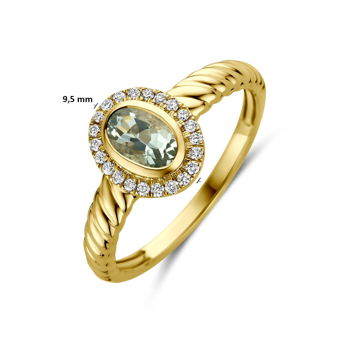 Anillo de oro amarillo de 14k con amatista verde y diamante cultivado en laboratorio