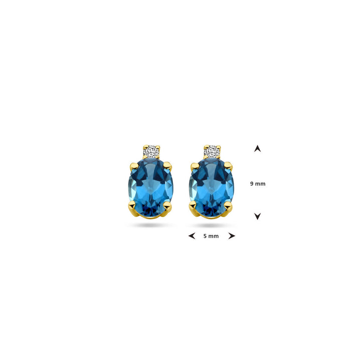 14k Geelgouden oorknoppen met London Blue topaas en diamant