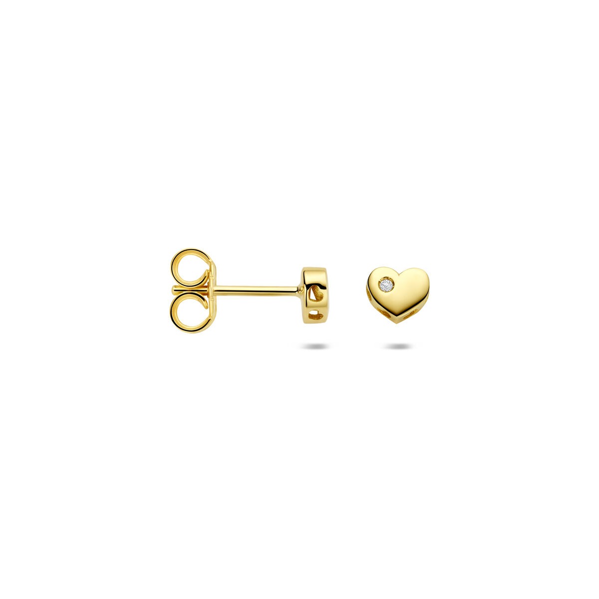 Pendientes infantiles de oro amarillo de 14k con corazón y diamante cultivado en laboratorio