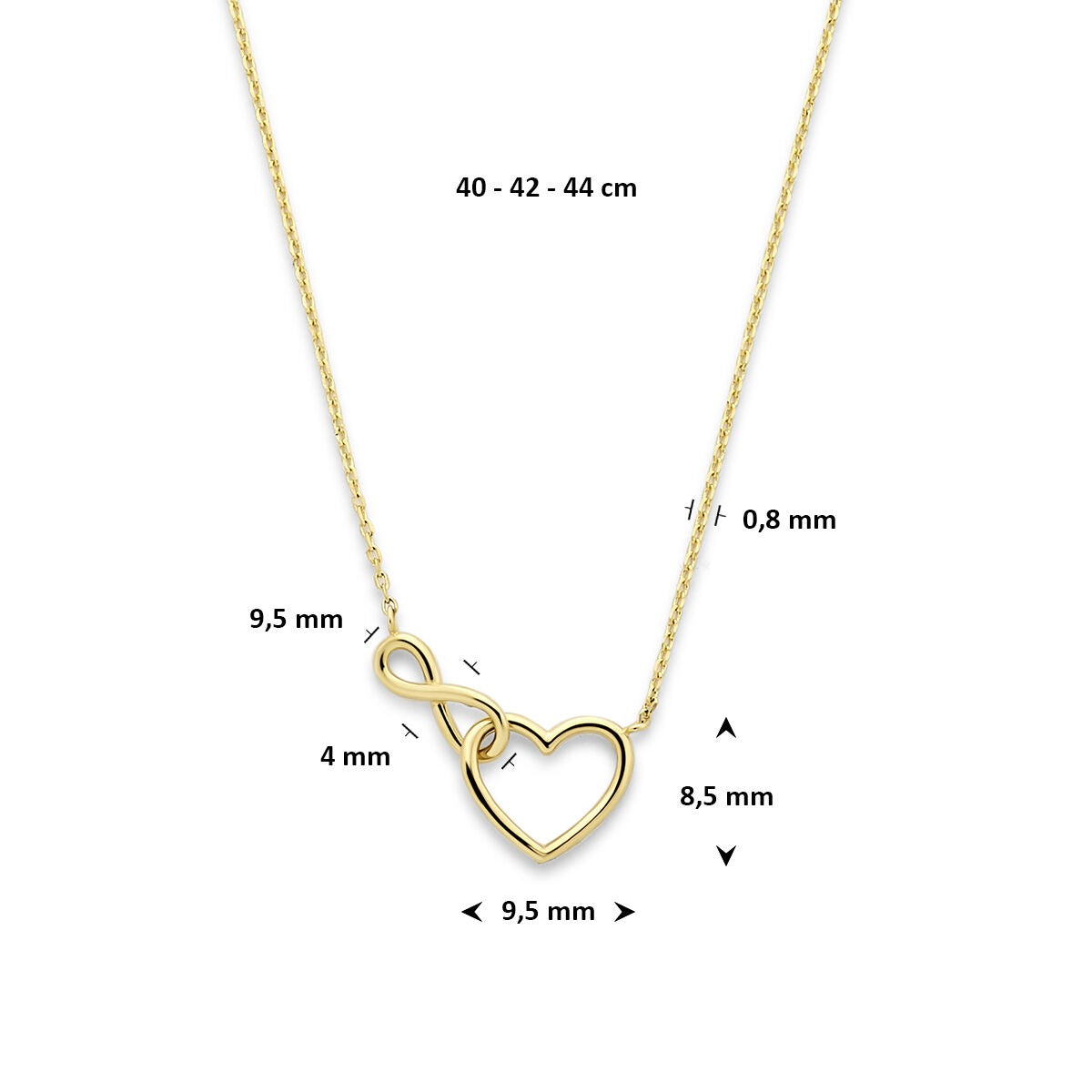 Collar de oro amarillo de 14k con corazón e infinito