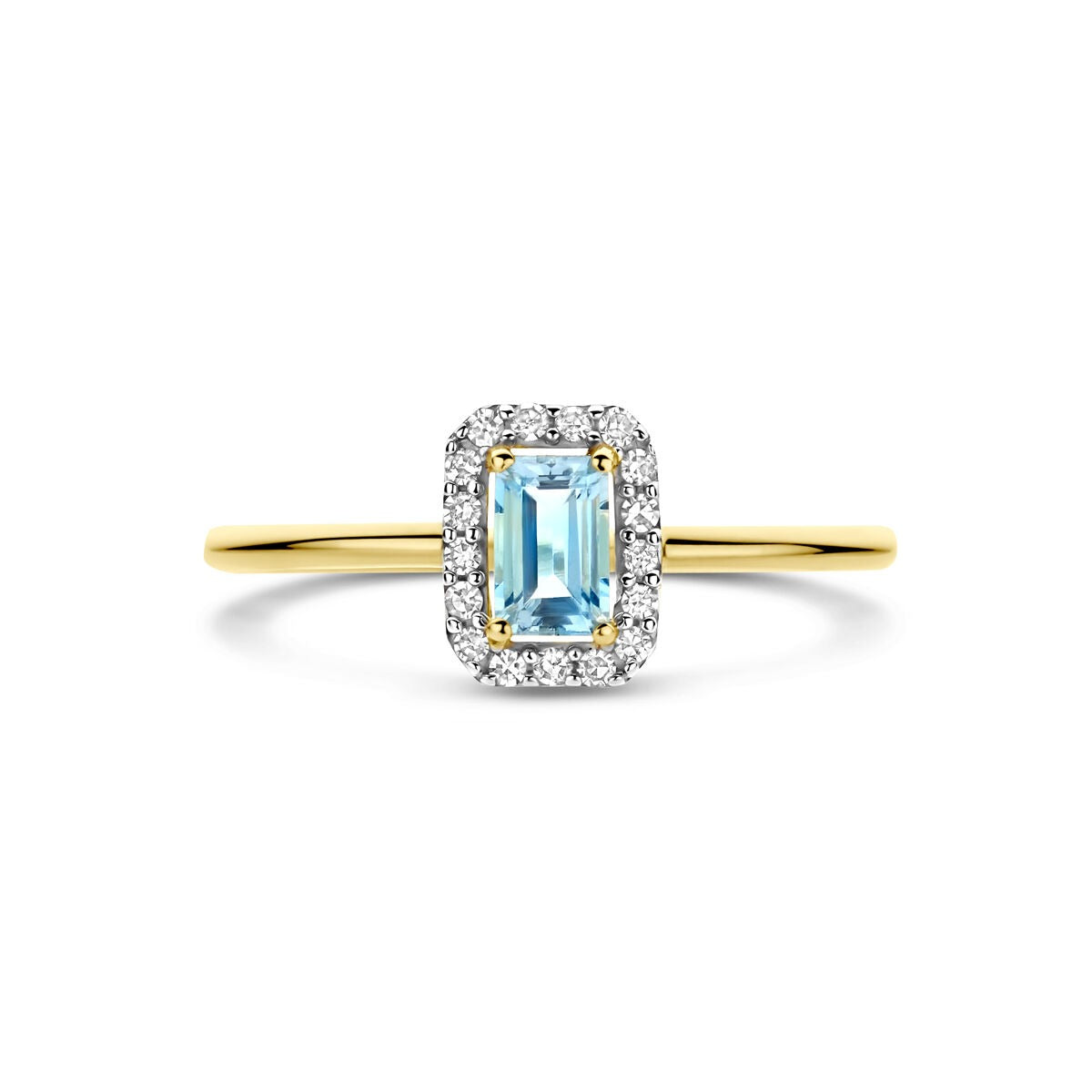 Anillo de mujer en oro amarillo con aguamarina y diamante – 14k oro amarillo
