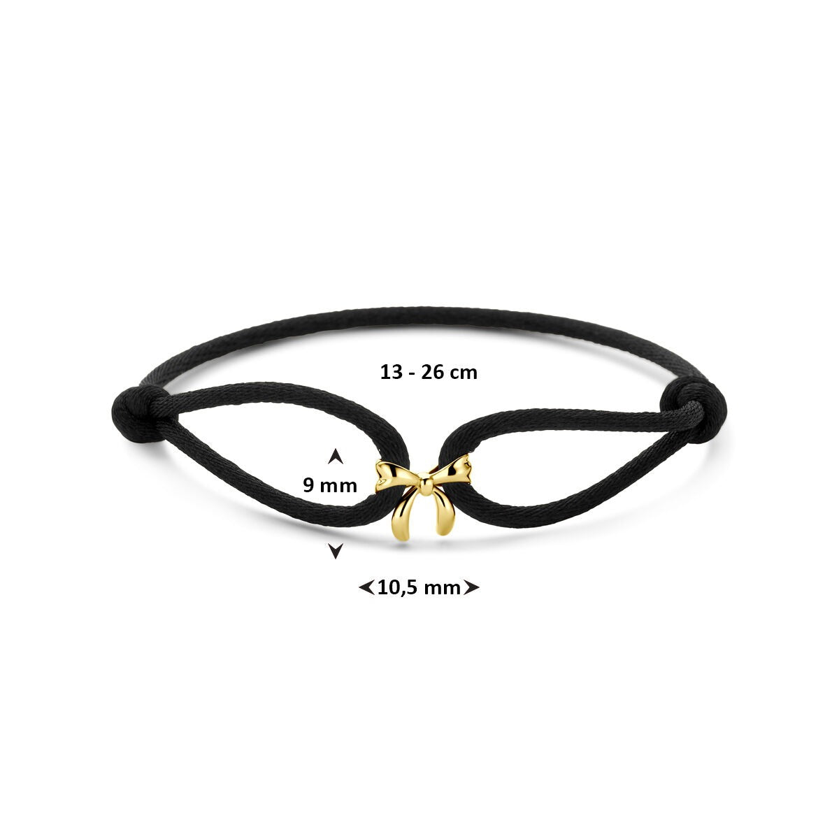 Pulsera de satén negro con lazo de oro amarillo de 14k
