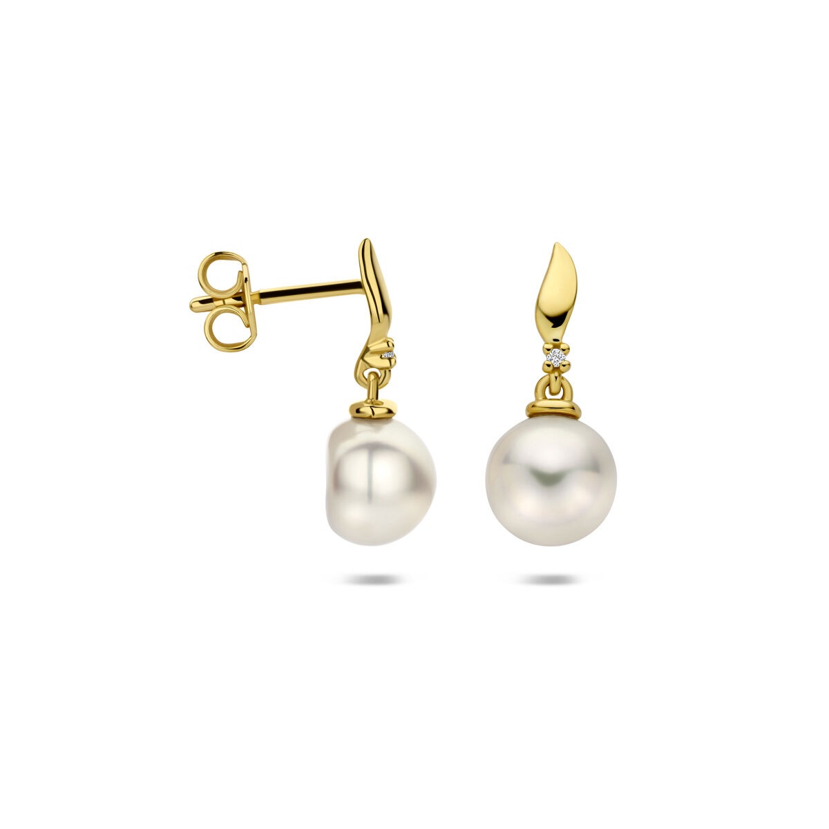 Aros de oro con diamante y perla – 14k oro amarillo