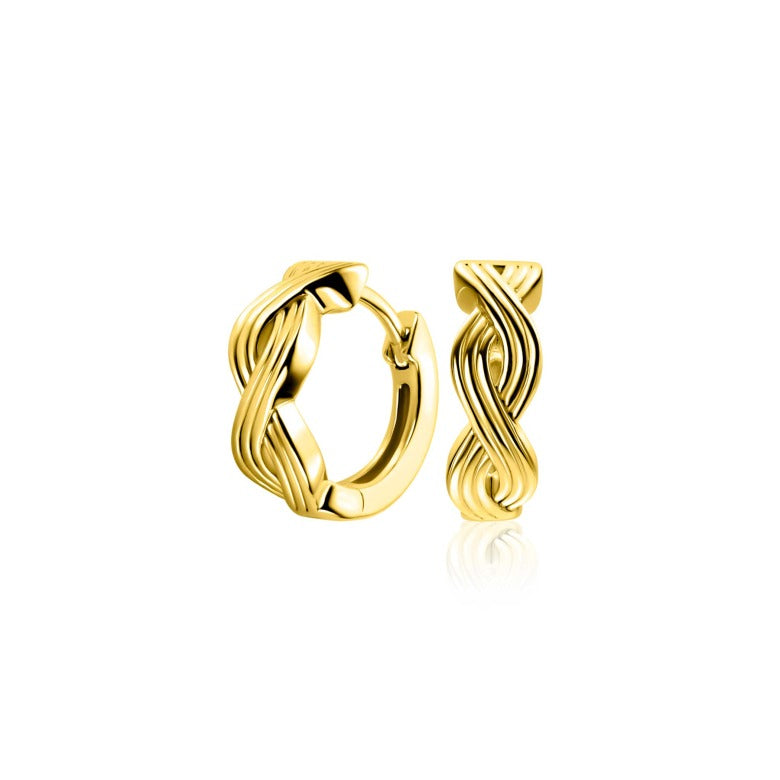 Pendientes de aro dorados con un diseño entrelazado y acabado brillante.