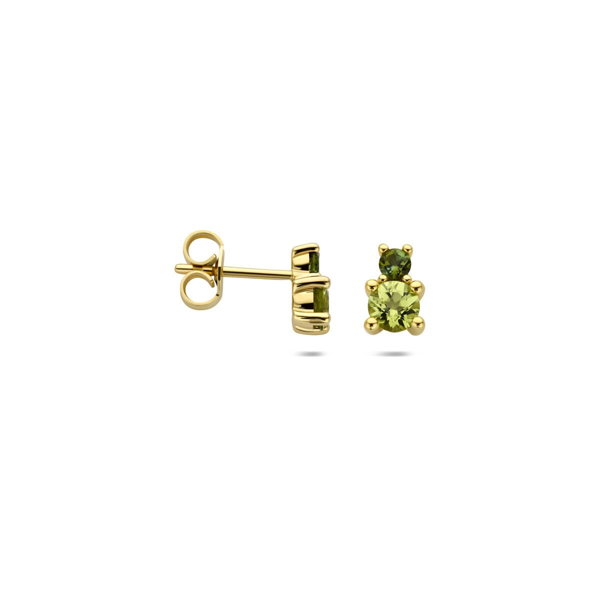 Pendientes de botón de oro amarillo de 14k con peridoto y turmalina verde
