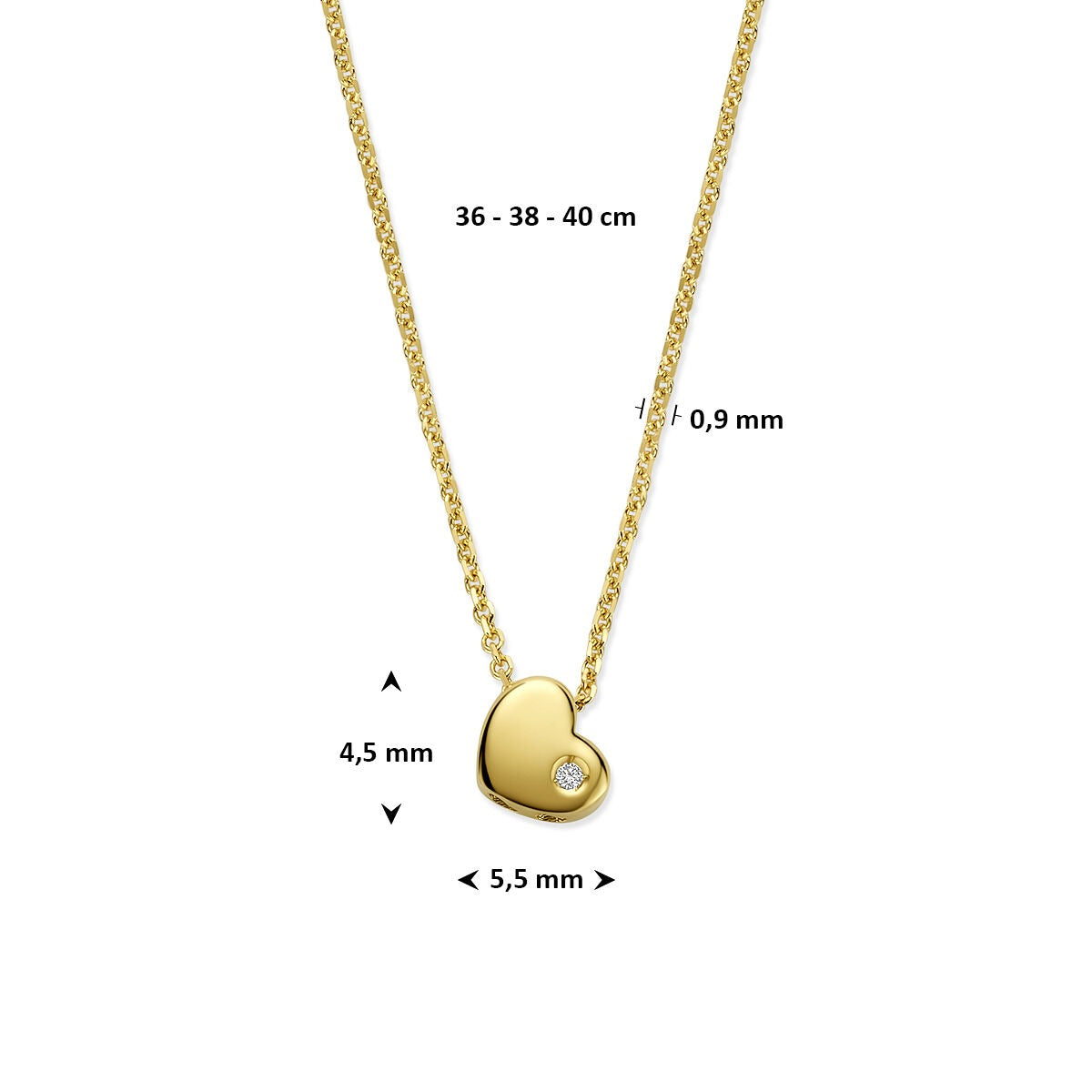 collar infantil de oro amarillo con corazón y diamante cultivado en laboratorio