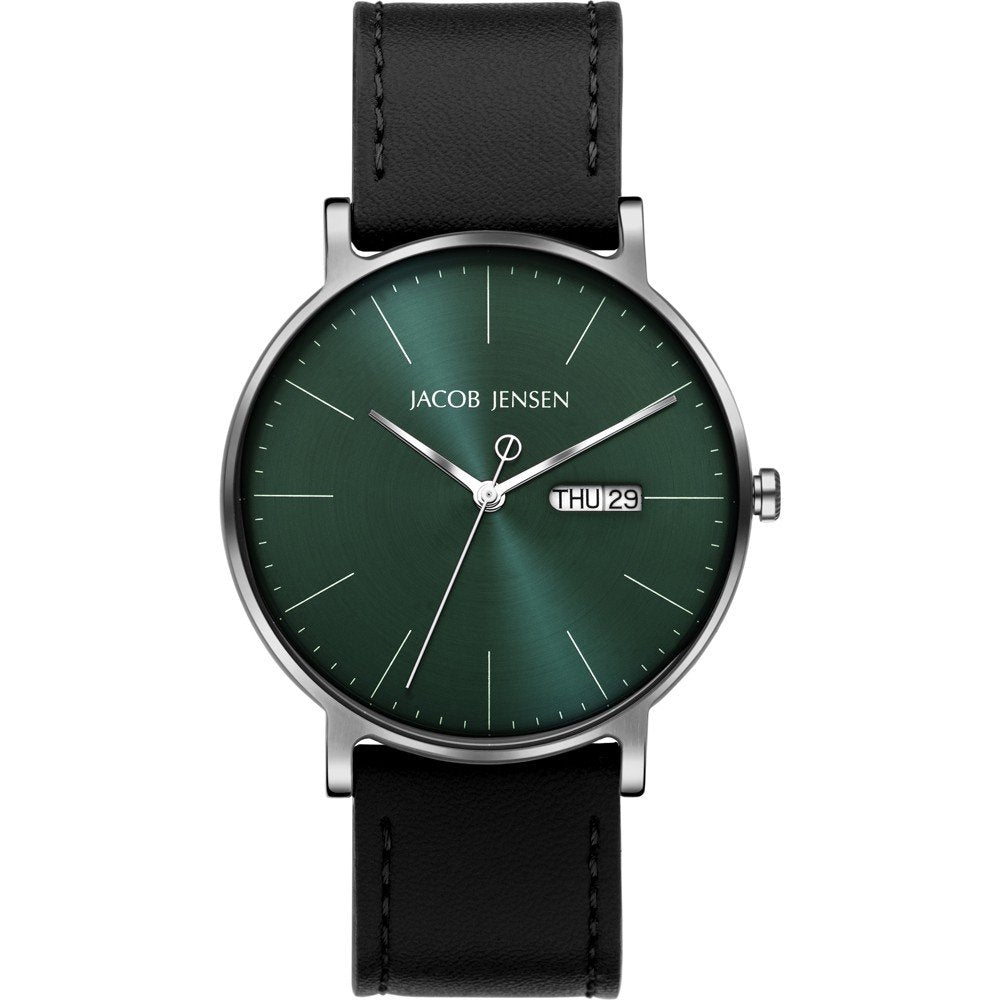 Reloj con esfera verde, correa de cuero negra y detalles plateados, diseño minimalista.