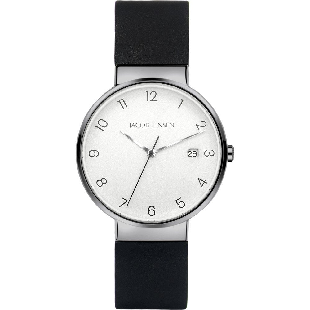Reloj de acero inoxidable con esfera plateada y correa de silicona negra.