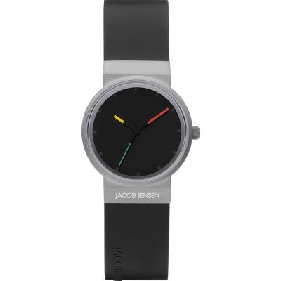 Reloj con esfera negra, manecillas amarilla, roja y verde, y correa de silicona negra.