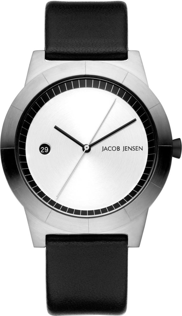 Reloj de acero inoxidable con esfera blanca, correa de cuero negro y detalles minimalistas.