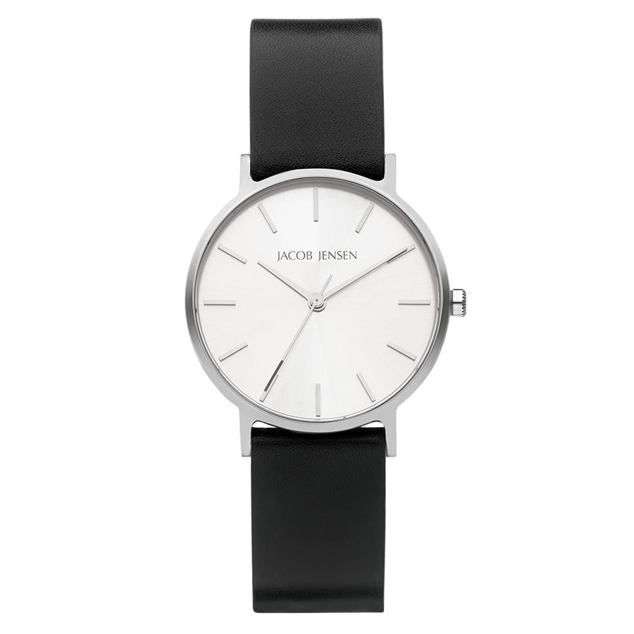 Reloj con esfera blanca, correa de cuero negra y caja plateada.