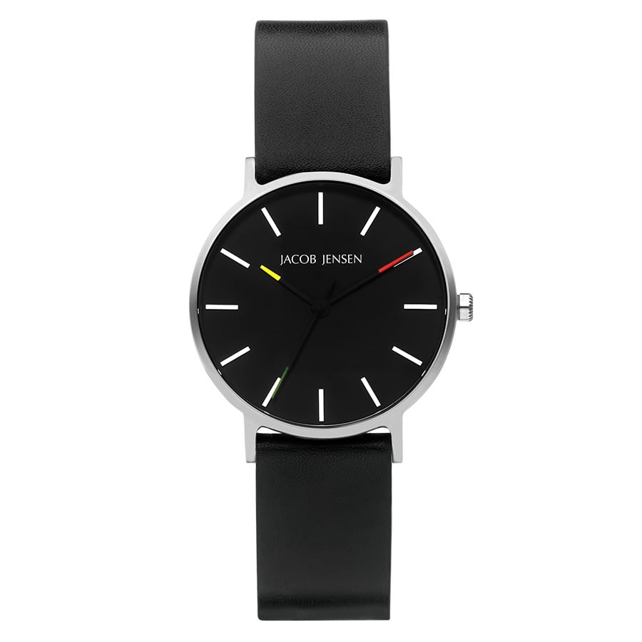 Reloj de esfera negra con correa de cuero negra y detalles en amarillo, rojo y verde.