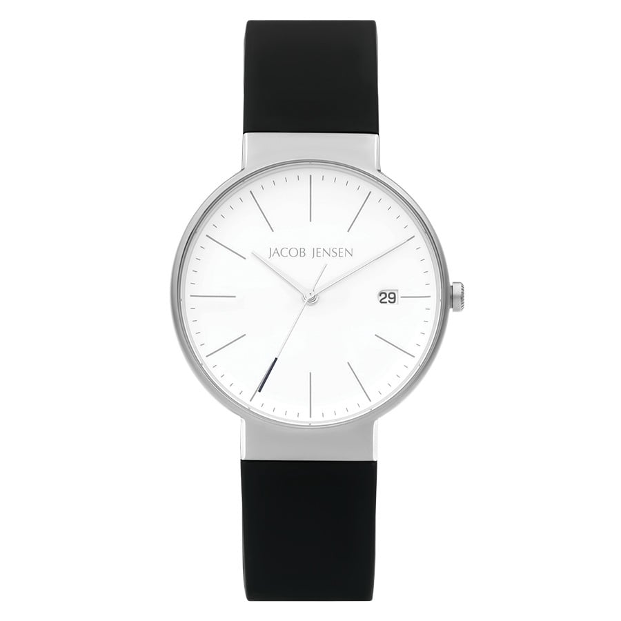 Reloj con esfera plateada, caja de acero inoxidable y correa de silicona negra.