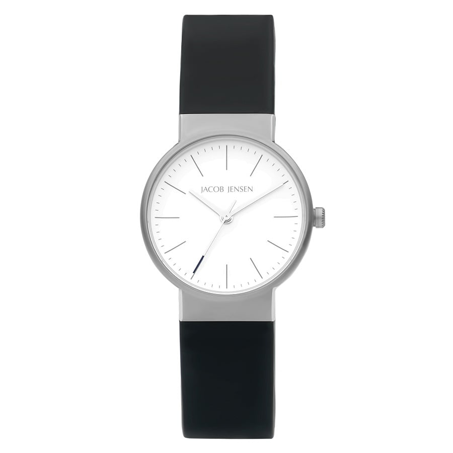 Reloj con caja plateada, esfera blanca y correa de silicona negra.