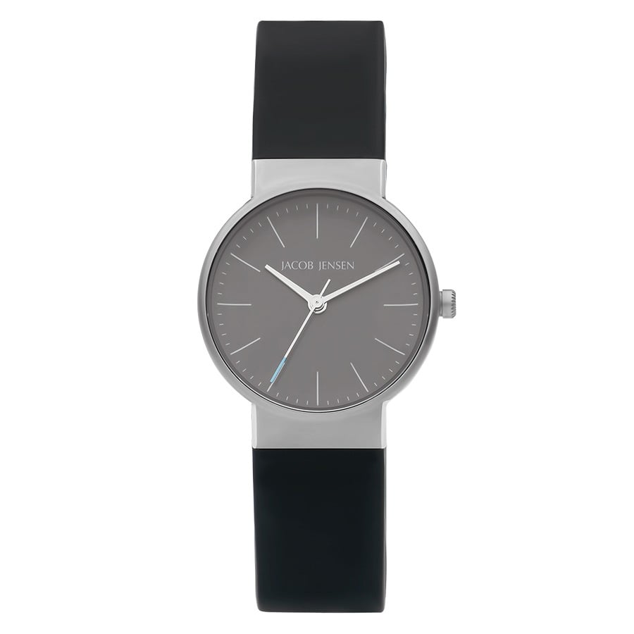 Reloj con esfera gris, caja de acero inoxidable y correa de silicona negra.