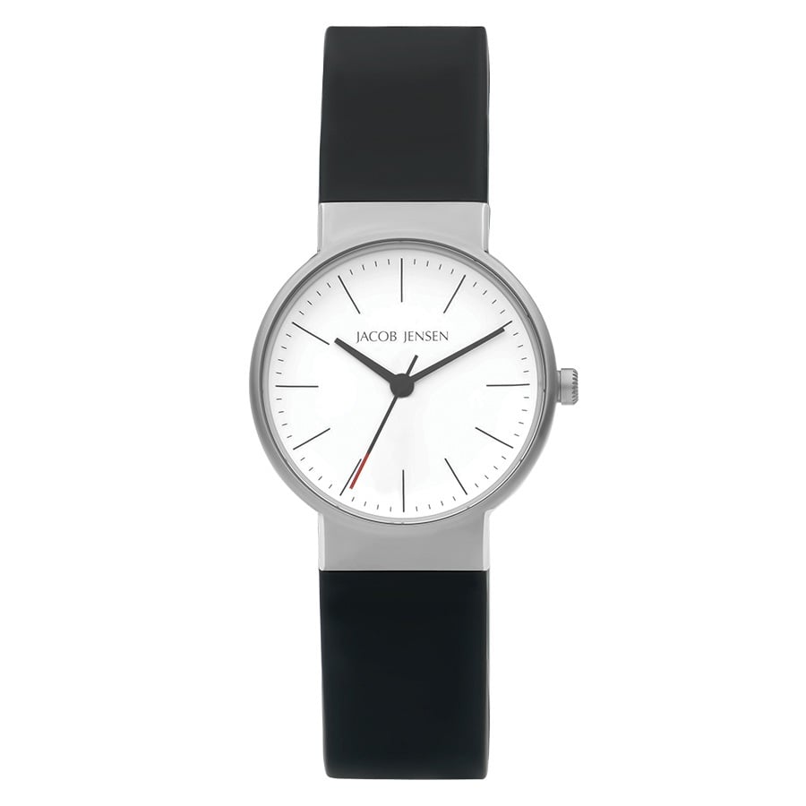 Reloj con esfera blanca, caja plateada y correa de silicona negra.