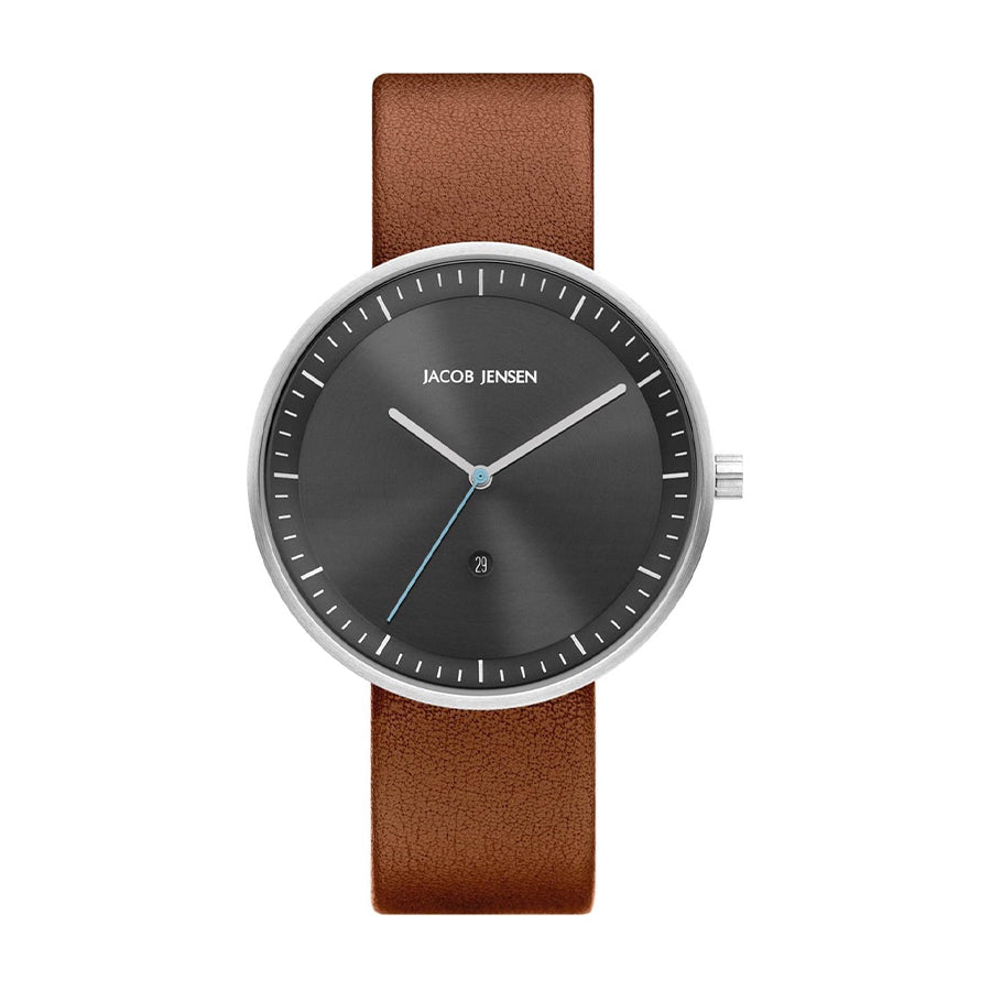 Reloj con esfera negra, correa de cuero marrón y detalles en azul.