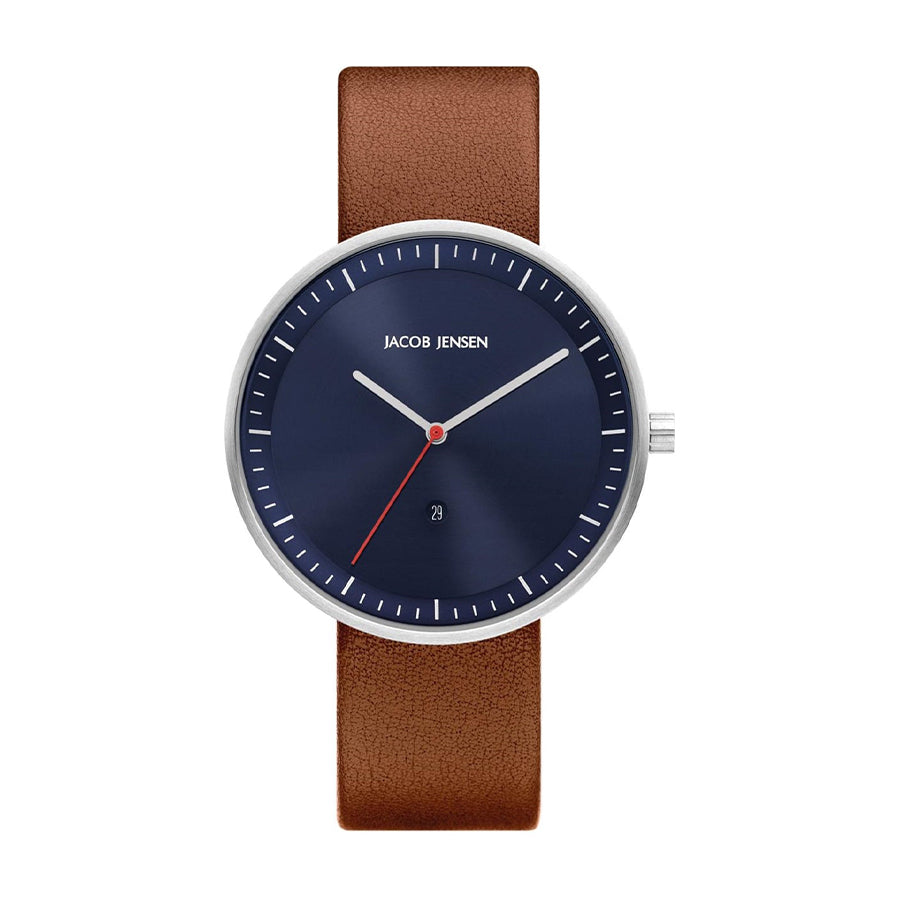 Reloj con esfera azul, correa de cuero marrón y detalles en plata.