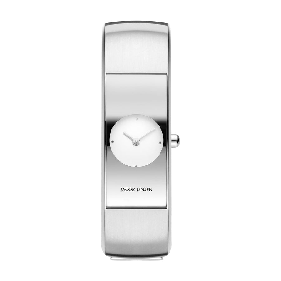 Reloj de acero inoxidable con esfera blanca y diseño rectangular.