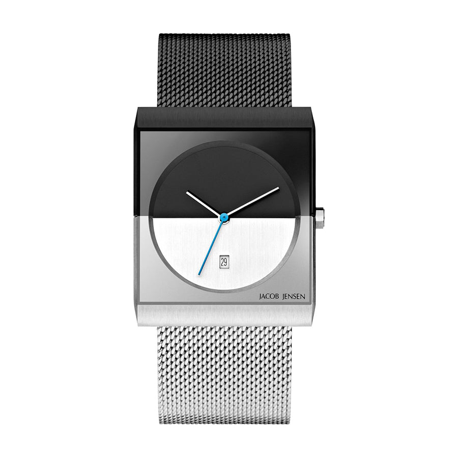 Reloj cuadrado con esfera bicolor en negro y blanco, correa de malla de acero inoxidable.