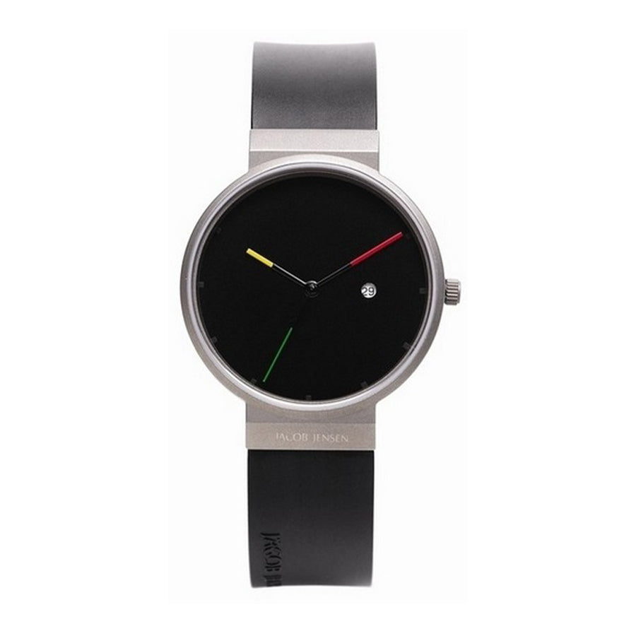 Reloj con esfera negra, correa de silicona negra y detalles en amarillo, rojo y verde.