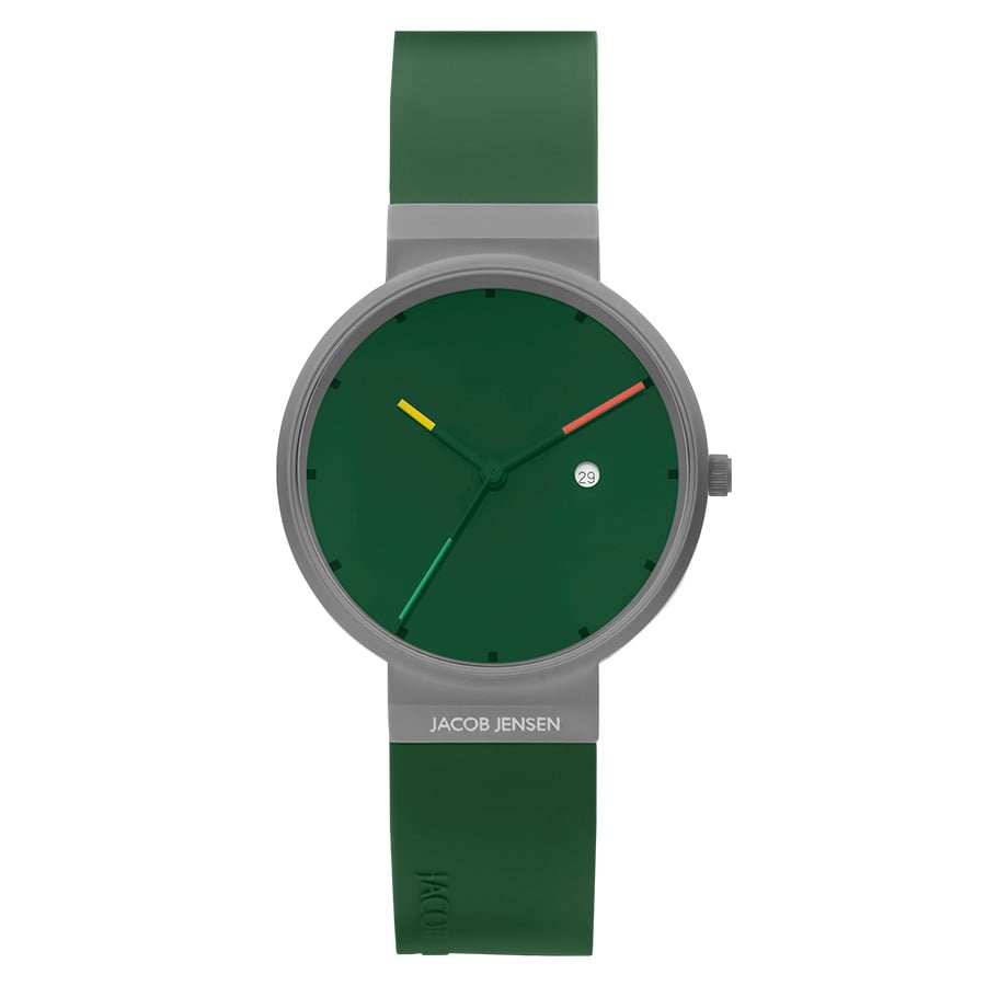 Reloj con esfera verde, correa de silicona verde y detalles en amarillo y rojo.