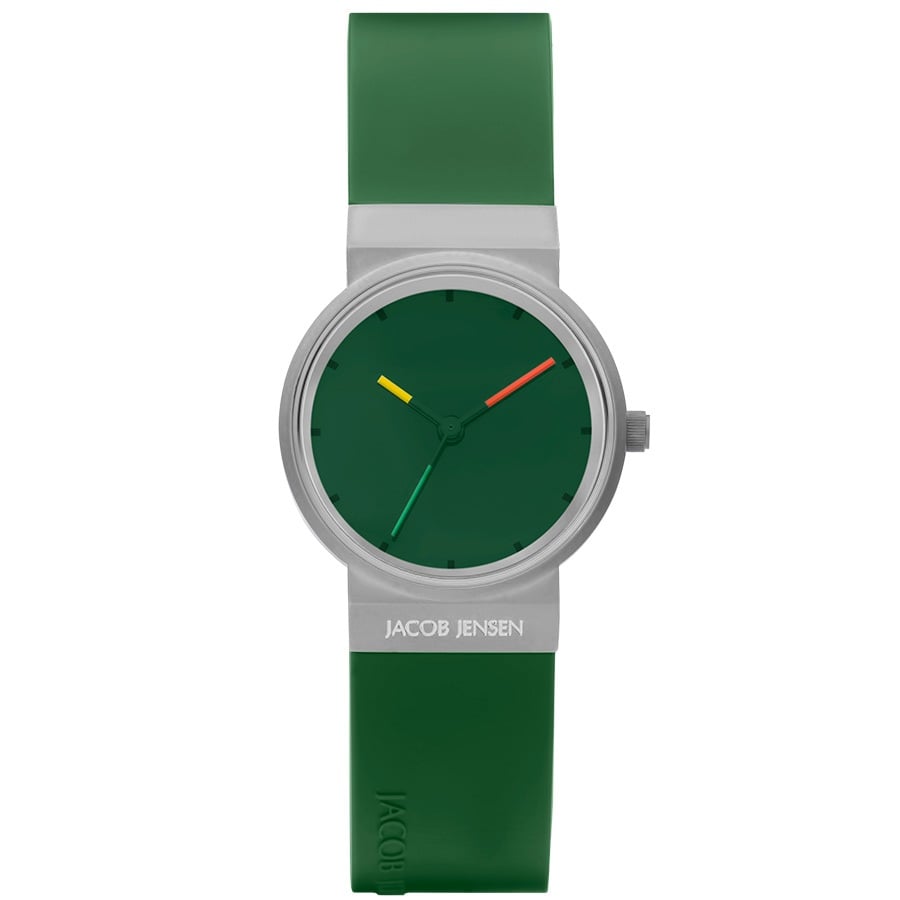 Reloj con esfera verde y correa de silicona verde, detalles en amarillo y rojo.