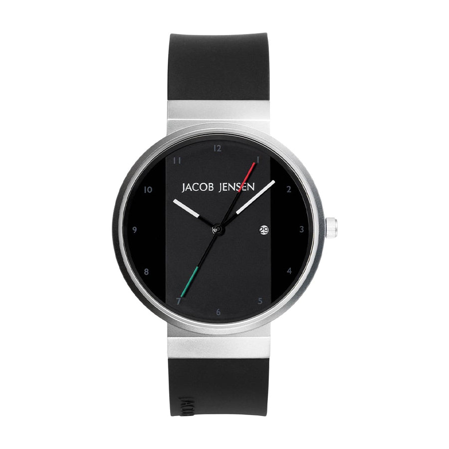 Reloj de acero inoxidable con esfera negra y correa de silicona negra.