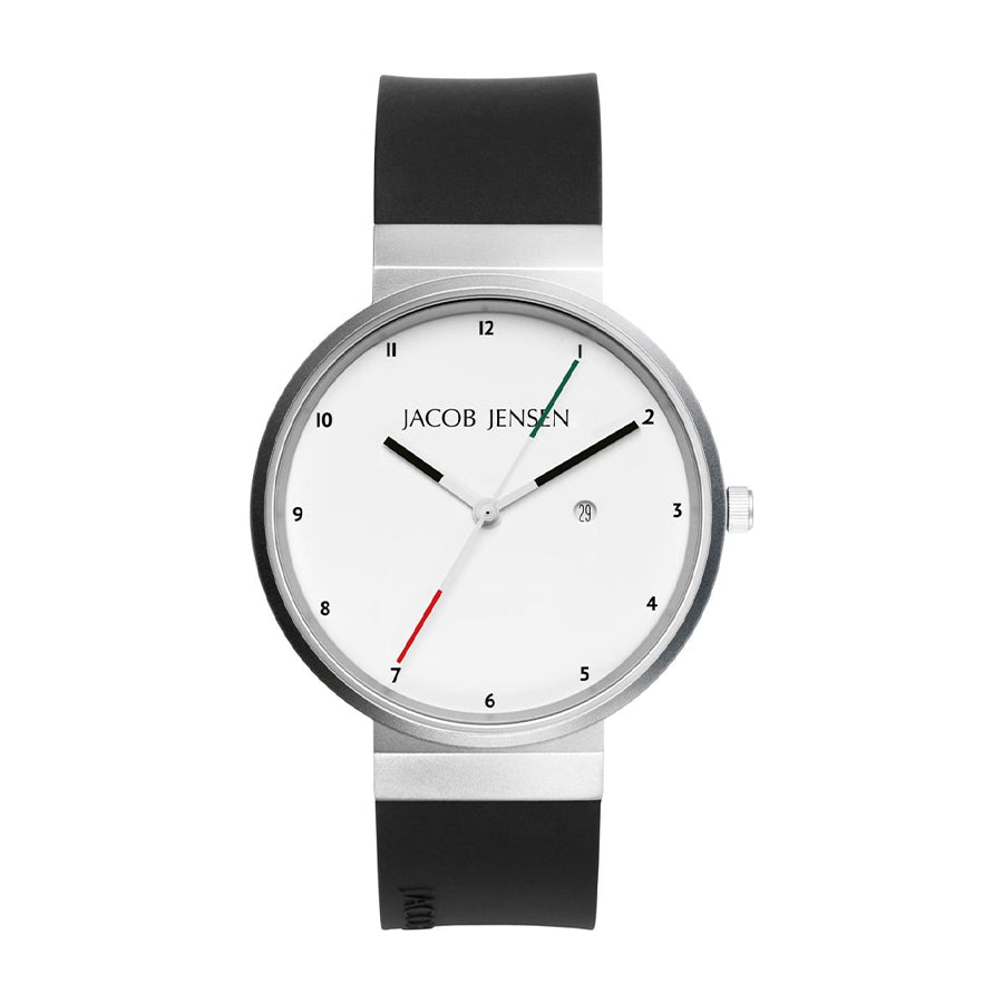 Reloj de esfera blanca con correa de silicona negra y detalles en acero inoxidable.