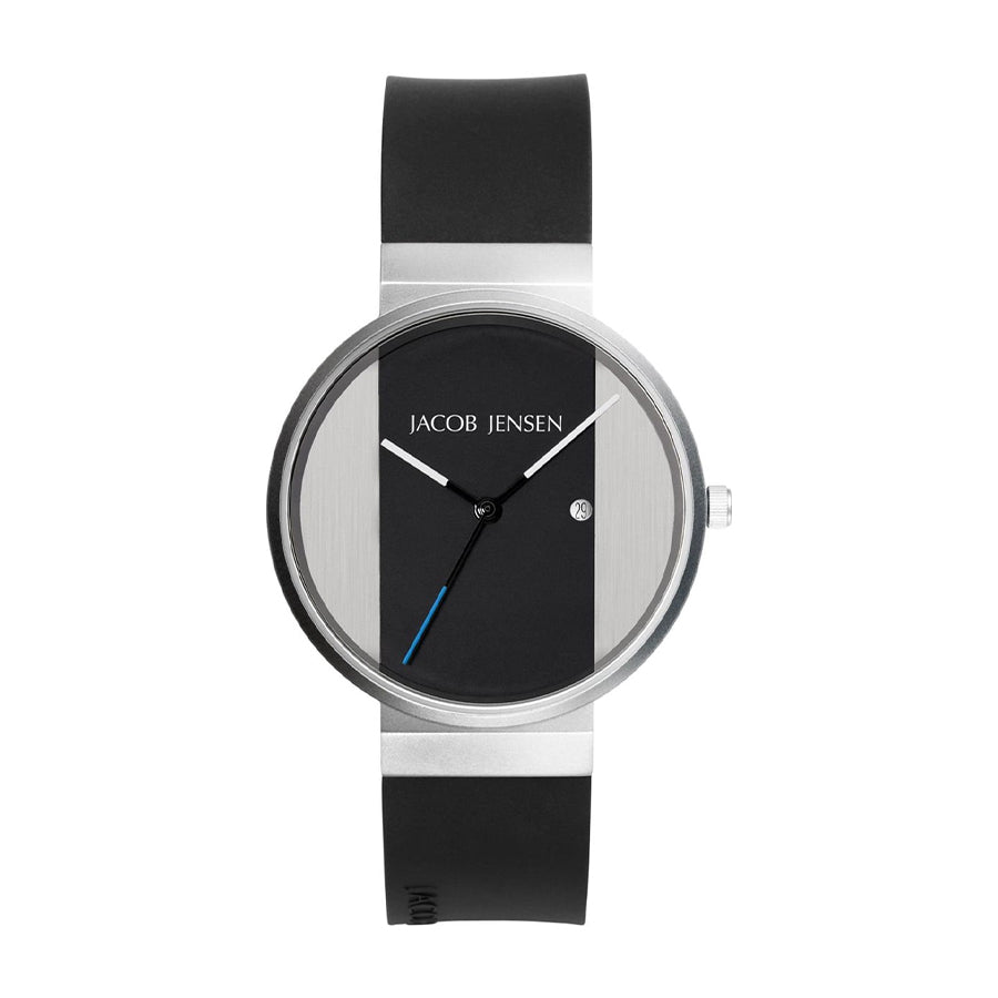 Reloj de esfera negra con correa de silicona negra y detalles en acero inoxidable.
