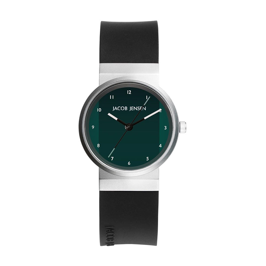 Reloj de esfera verde con correa de silicona negra y caja de acero inoxidable.