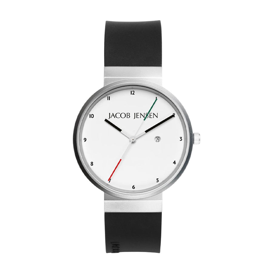 Reloj de acero inoxidable con esfera blanca, correa de silicona negra y manecillas en rojo y verde.