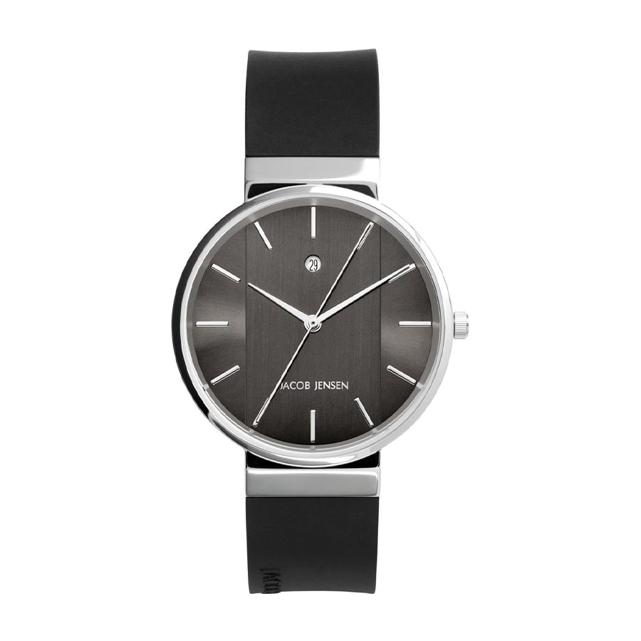 Reloj con esfera gris y correa de silicona negra, diseño minimalista y moderno.