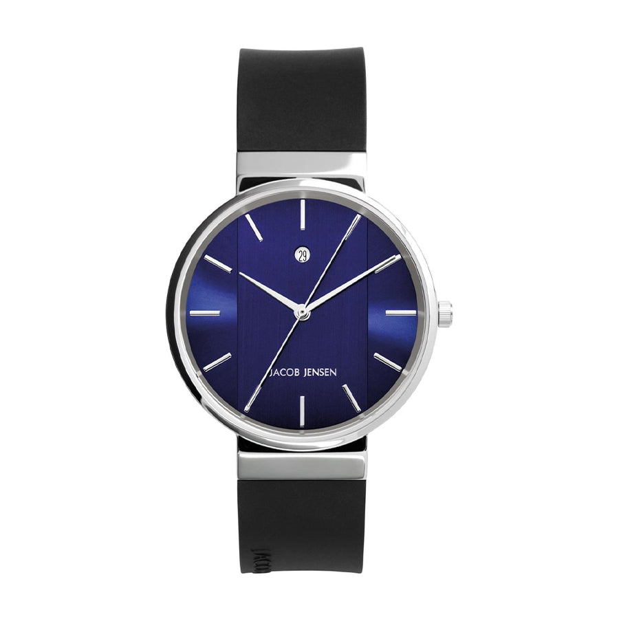 Reloj con esfera azul, correa de silicona negra y caja plateada.