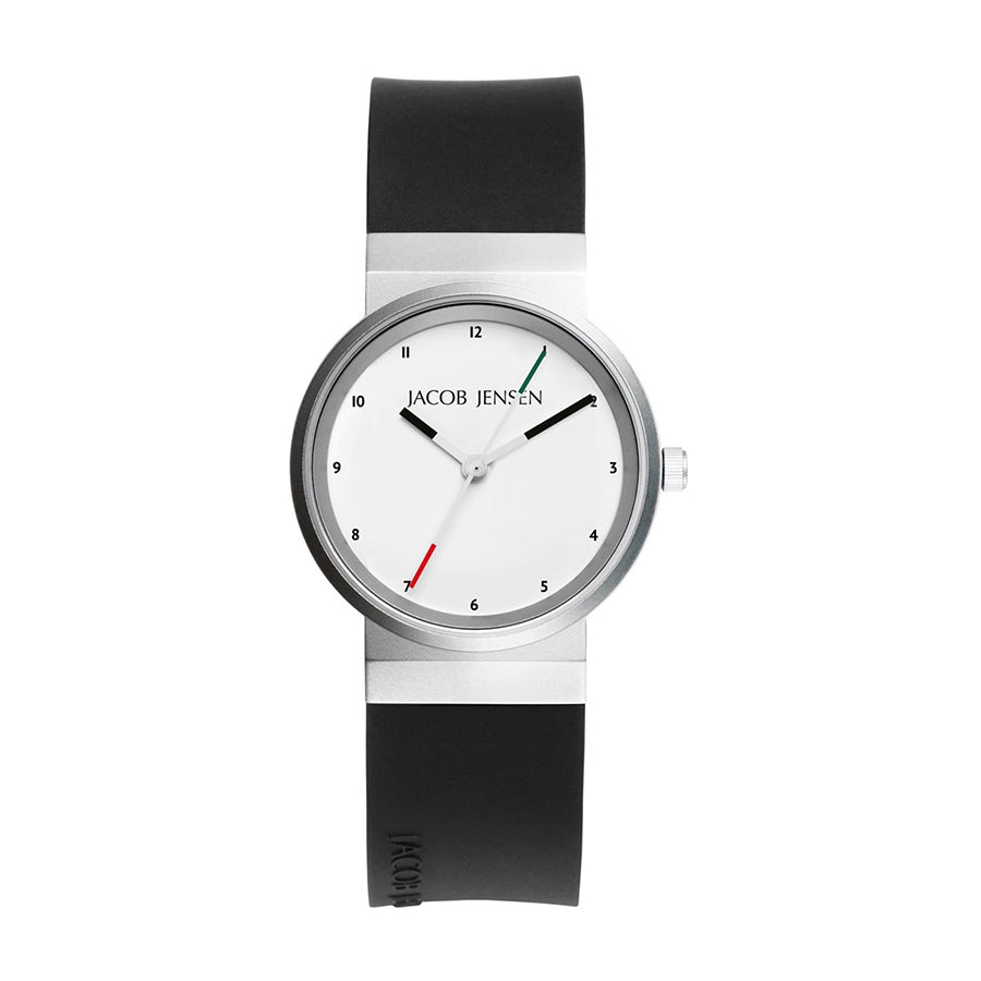 Reloj con esfera blanca, correa de silicona negra y caja de acero inoxidable.