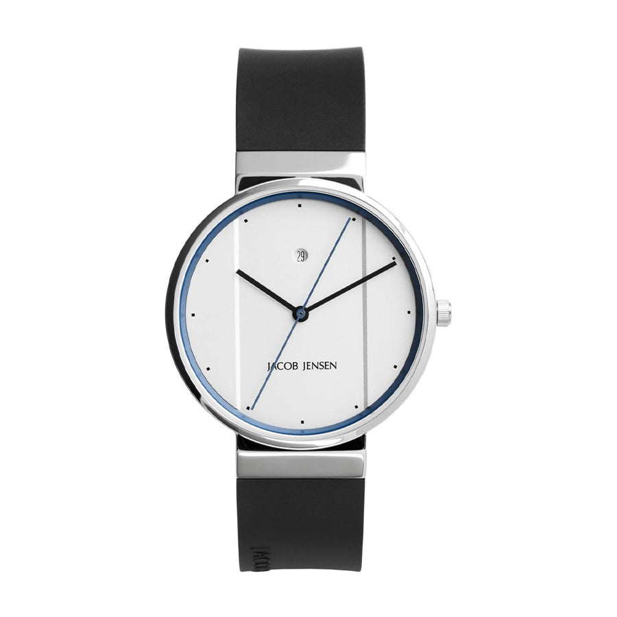 Reloj con esfera blanca, correa de silicona negra y detalles en acero inoxidable.