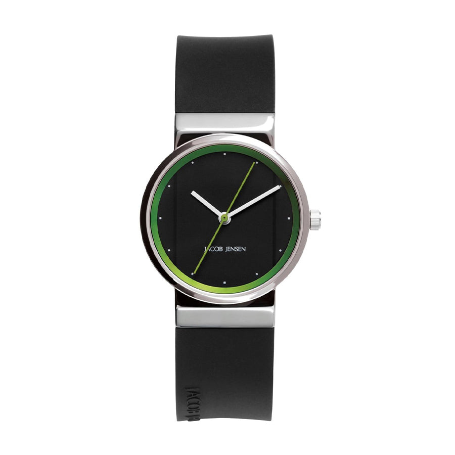 Reloj con esfera negra, correa de silicona negra y detalles verdes en la carátula.