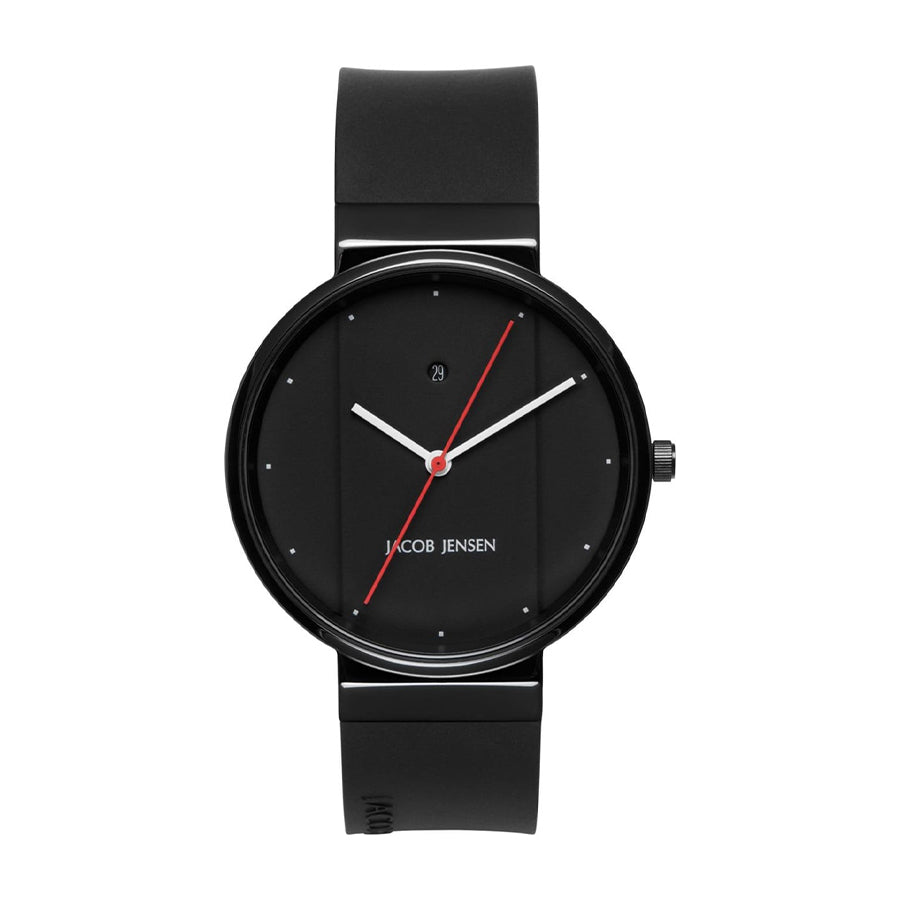Reloj negro con correa de silicona, esfera negra y detalles en rojo.