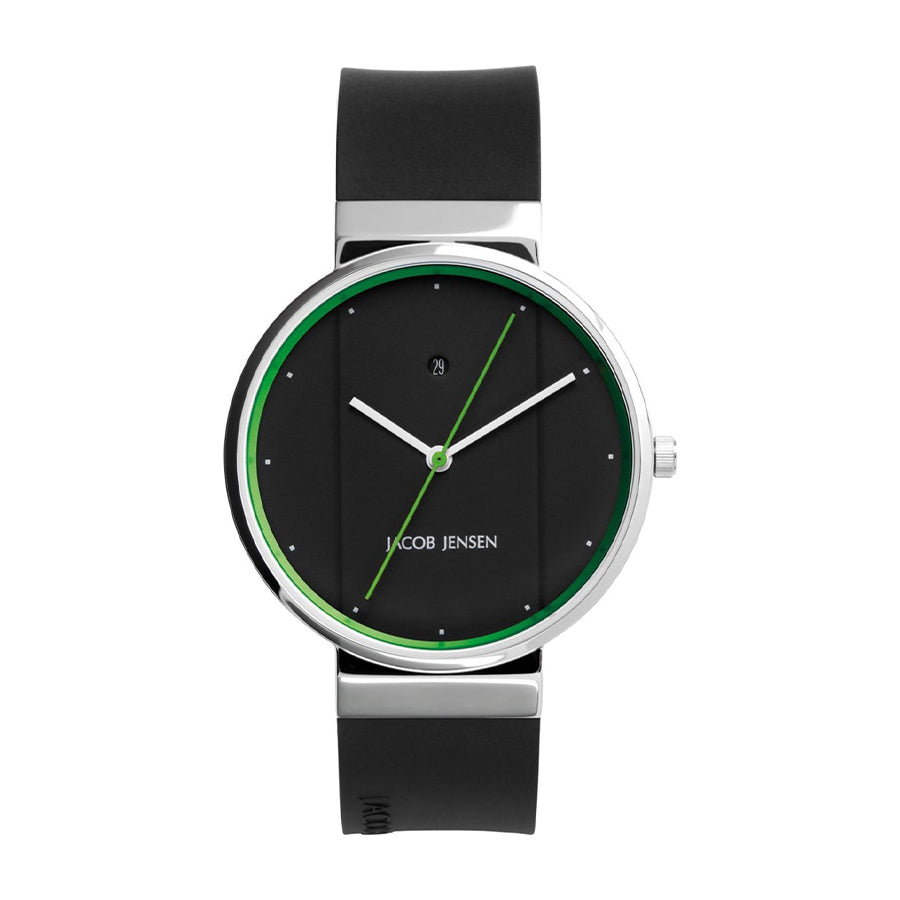 Reloj con esfera negra, detalles en verde, correa de silicona negra y caja de acero inoxidable.