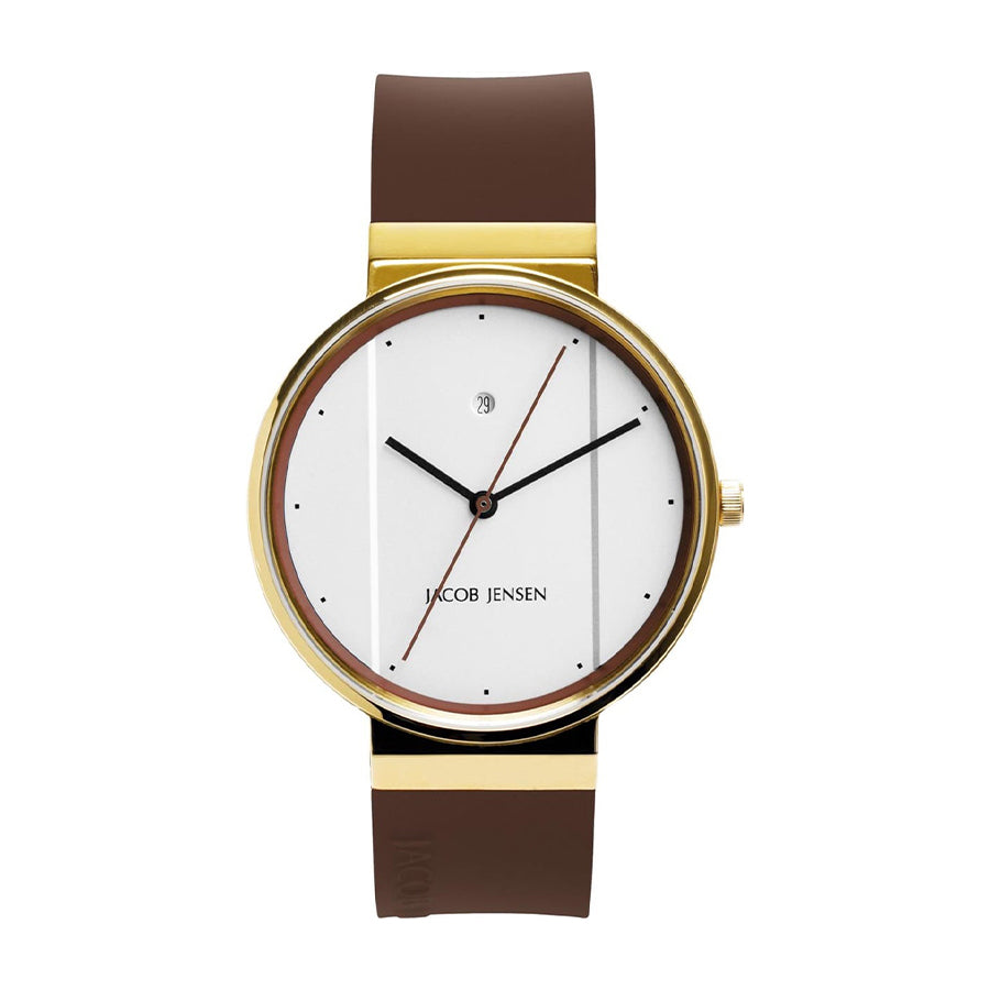 Reloj con esfera blanca, correa de silicona marrón y caja dorada.
