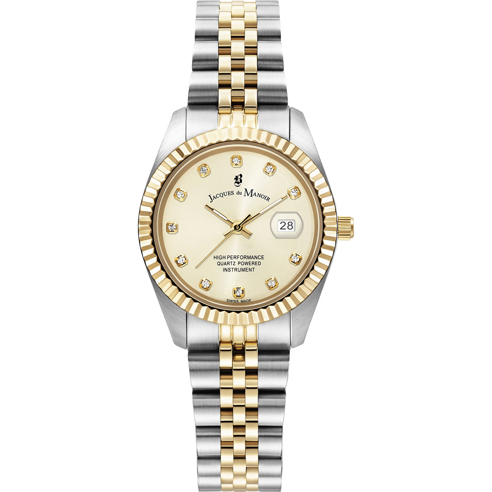 Reloj de acero inoxidable bicolor con esfera dorada y detalles de diamantes.