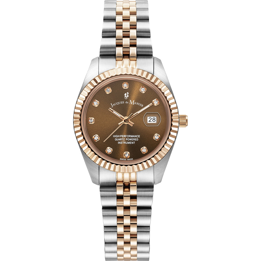 Reloj de 31 mm con caja bicolor, esfera marrón y detalles de diamantes en la carátula.